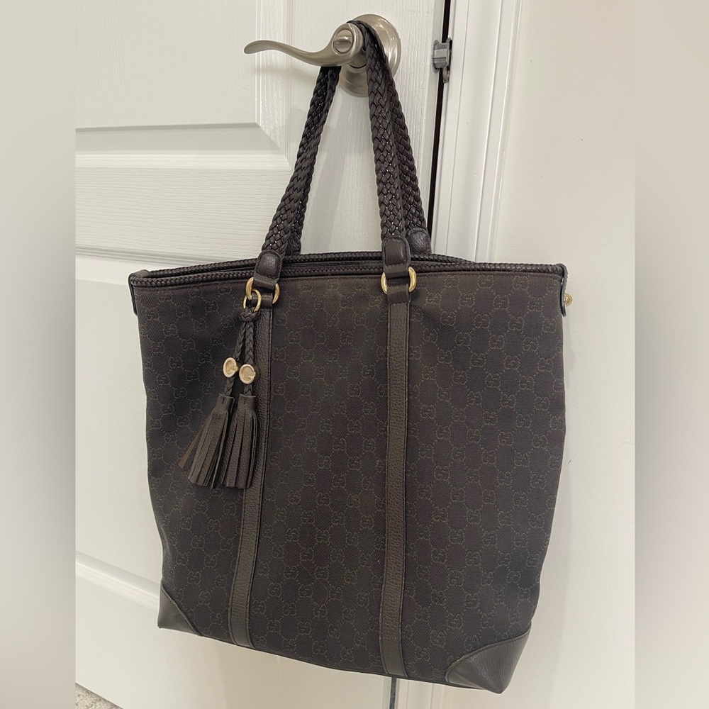 Gucci Chocolate Denim Monogram Tote Bag W/Braided Handles and Tassels - Picture 1 of 15